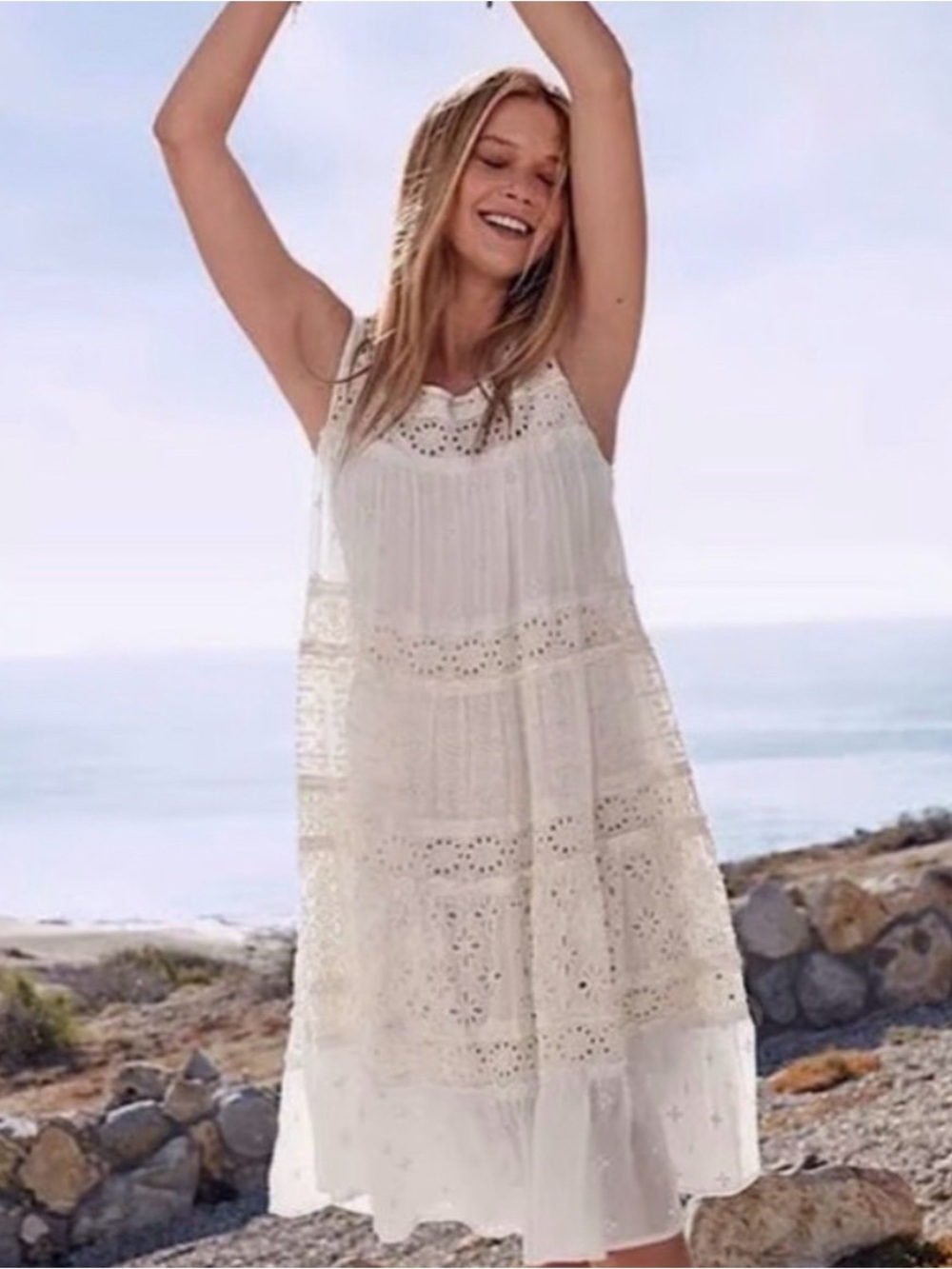 Johnny Was White Crochet Eyelet Dress with Colorful Embroidered Label
